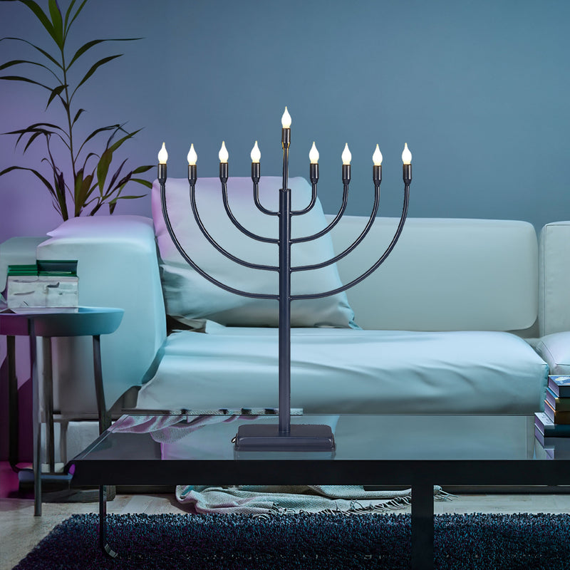 Large Size LED Traditional Metal Electric Navy Menorah 24" High 9 Frosted Replaceable LED White Bulbs