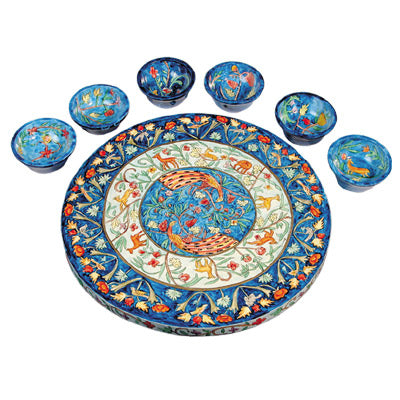 Gan Eden Peacocks Fancy Wooden Passover Seder Plate Set of 7 Hand Painted in Israel By Emanuel