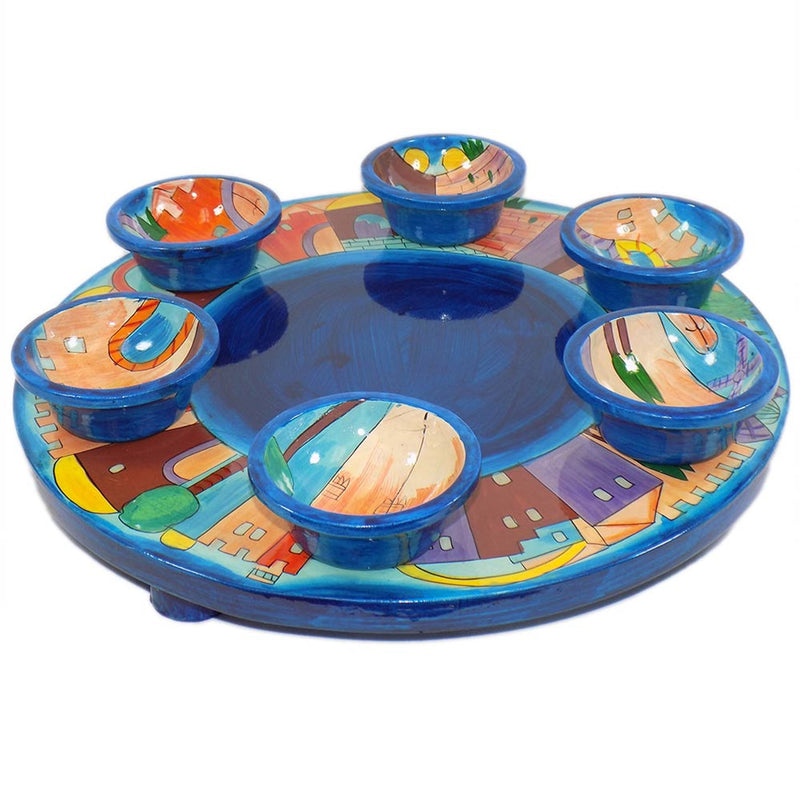 Oriental Jerusalem Colorful  Wooden Passover Seder Plate Set of 7 Hand Painted in Israel By Emanuel