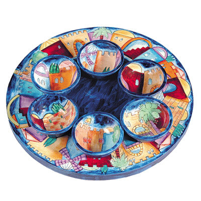 Oriental Jerusalem Colorful  Wooden Passover Seder Plate Set of 7 Hand Painted in Israel By Emanuel