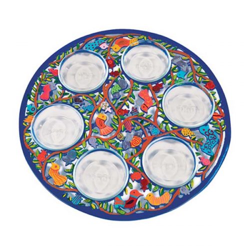 Gan Eden Birds Colorful Laser Cut Aluminum Seder Plate & 6 Glass Bowls Made in Israel By Emanuel