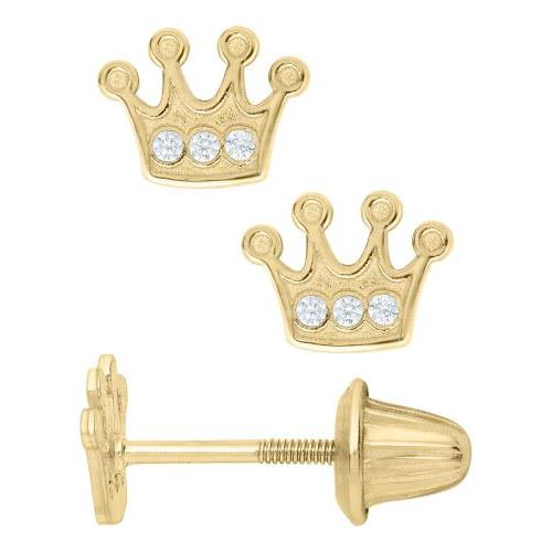 14K Yellow Gold CZ Children's Moshiach Crown Earrings Gift Boxed