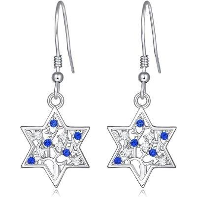925 Sterling Silver Tree of Life Star of David Earrings Swarovski CZ in Blue White