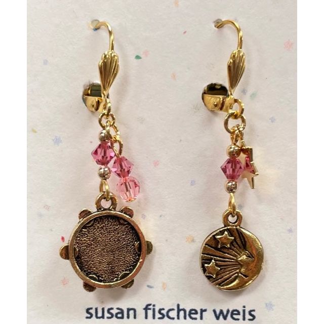 Designer New Moon Rosh Chodesh Earrings Gold plated Earwires By Susan Fischer Weis in pink or blue