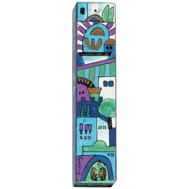 Jerusalem Blue Wooden Mezuzah By Yair Emanuel - Kosher Parchment included