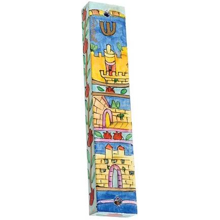 Jerusalem Gates Wooden Mezuzah By Yair Emanuel - Kosher Parchment included