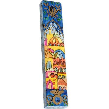 Jerusalem of Gold Wooden Artistic Mezuzah By Yair Emanuel Kosher Parchment included