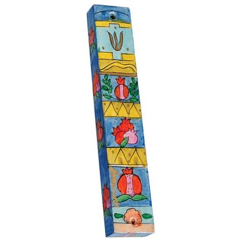 Pomegranate Wooden Mezuzah By Emanuel Kosher Parchment included