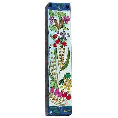 Emanuel Wooden Mezuzah Seven Species Hand Painted in Israel Kosher Parchment included