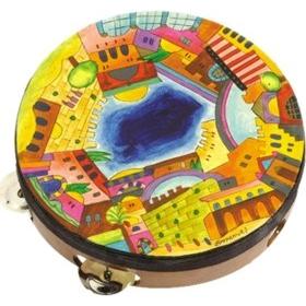 Jerusalem Hand Painted Tambourine 9"D x 2" Made in Israel by Emanuel
