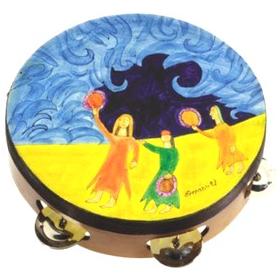 Miriam and the Drum Hand Painted Tambourine 9"D x 2" Made in Israel By Emanuel