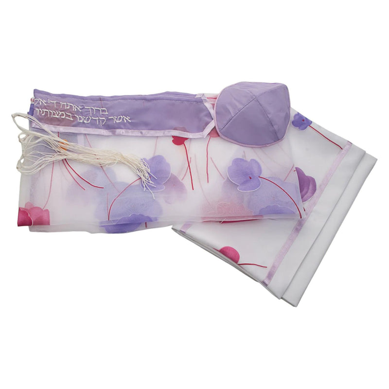 Designer Organza Pink and Purple Floral Tallit Prayer Shawl set of 3 Made in Israel By Galilee Silks