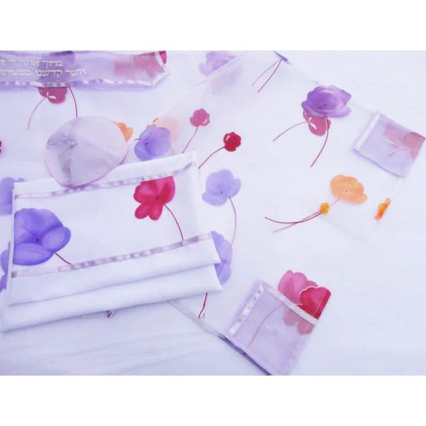Designer Organza Pink and Purple Floral Tallit Prayer Shawl set of 3 Made in Israel By Galilee Silks