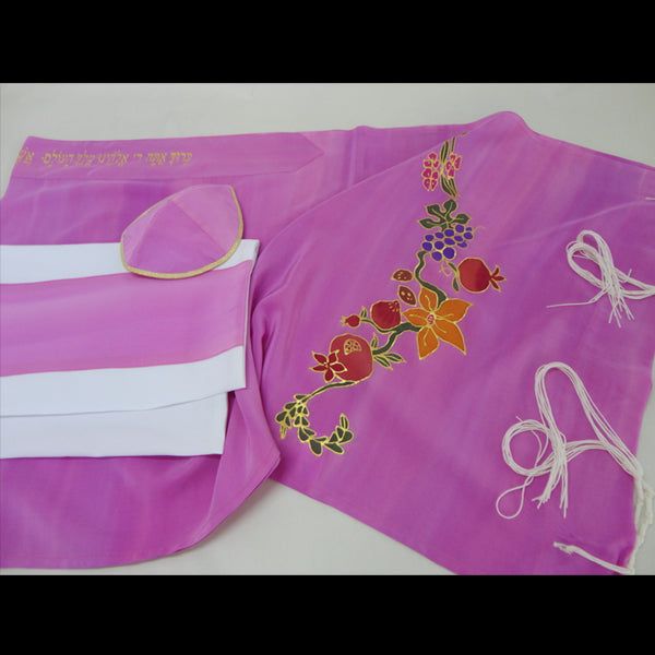 Flowers & Fruit Painted on Silk Pink Women's Tallit Tie Dyed Made in Israel by Bijoux Galilee Silks