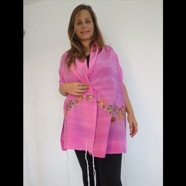 Flowers & Fruit on Silk Pink Women's / Bat Mitzvah Tallit Made in Israel By Galilee Silk