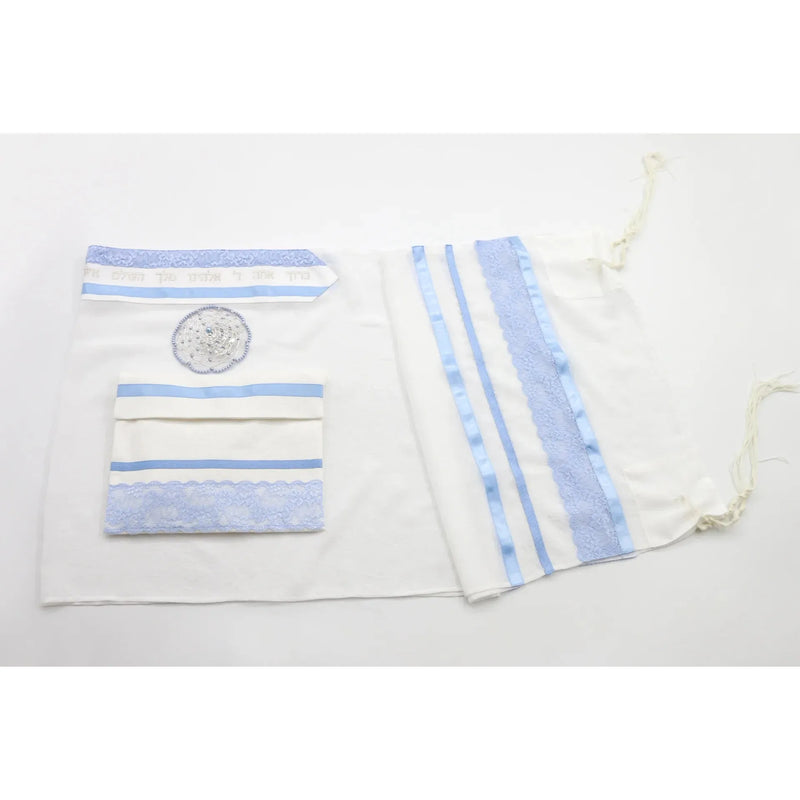 Designer Blue Lace Sheer Georgia Girl's Women's Tallit / Prayer Shawl Set of 3 Made in Israel By ERETZ