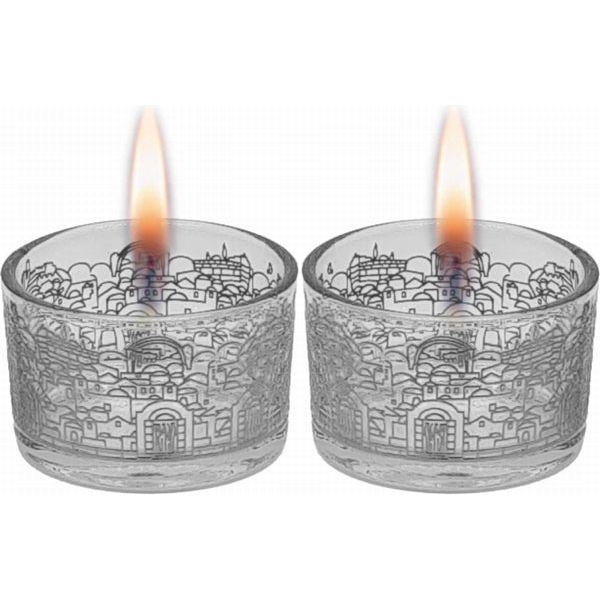 Jerusalem Silver Laser Cut Glass Candlesticks Tealights Candle Holders