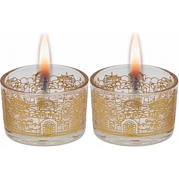 Jerusalem Gold Laser Cut Glass Shabbat Candlesticks Tealights Candle Holders