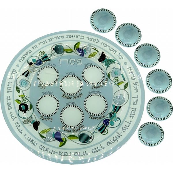 Artistic Glass Passover Sederplate Blue Pomegranates & Butterflies with 6 bowls by Hadarya, Israel