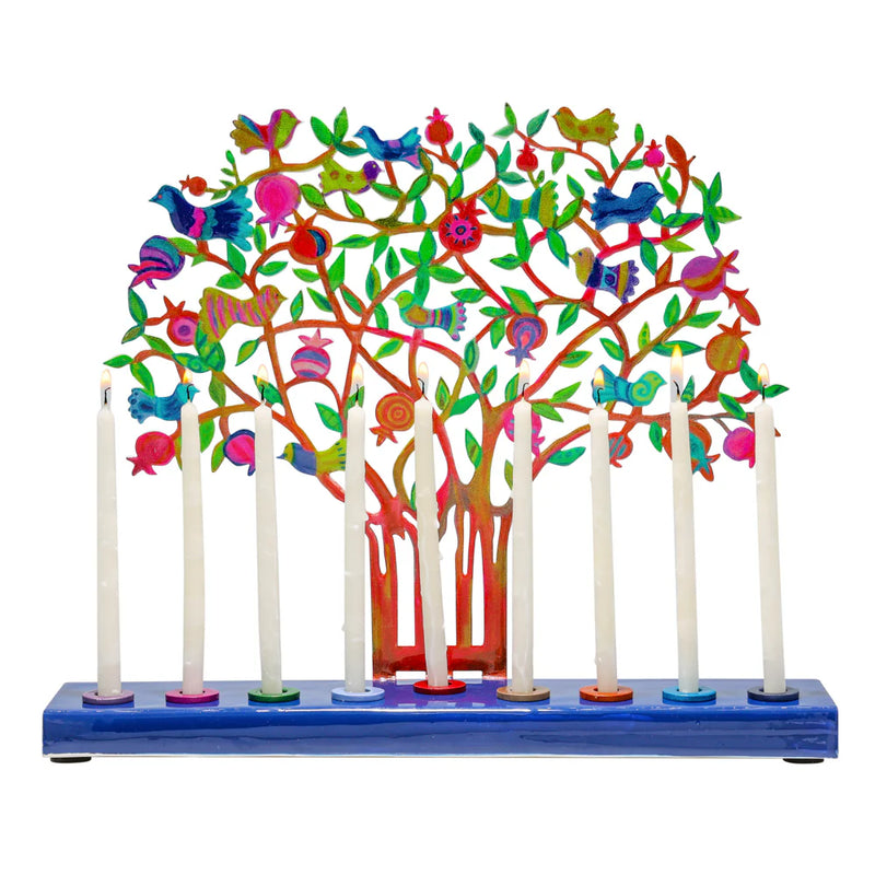 Emanuel Chanukah Menorah Colorful Lazer Cut Hand Painted - Pomegranate Tree 12 x 10"