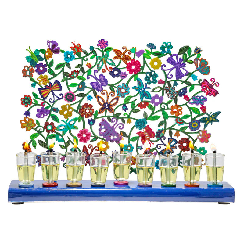 Chanukkah Menorah  Colorful Laser Cut Floral Design & Butterflies By Emanuel