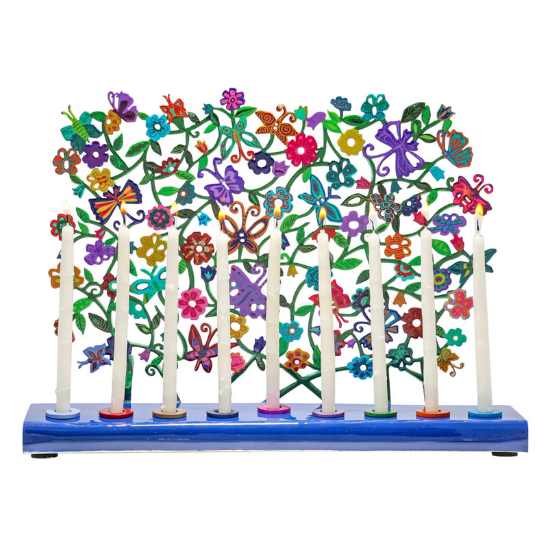 Chanukkah Menorah  Colorful Laser Cut Floral Design & Butterflies By Emanuel