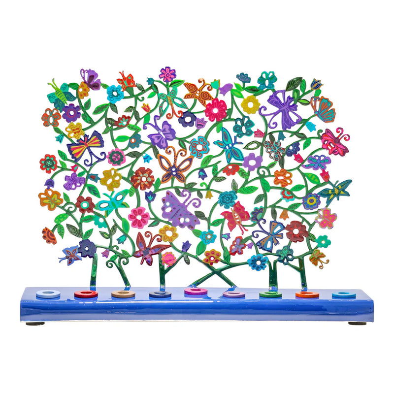 Chanukkah Menorah  Colorful Laser Cut Floral Design & Butterflies By Emanuel