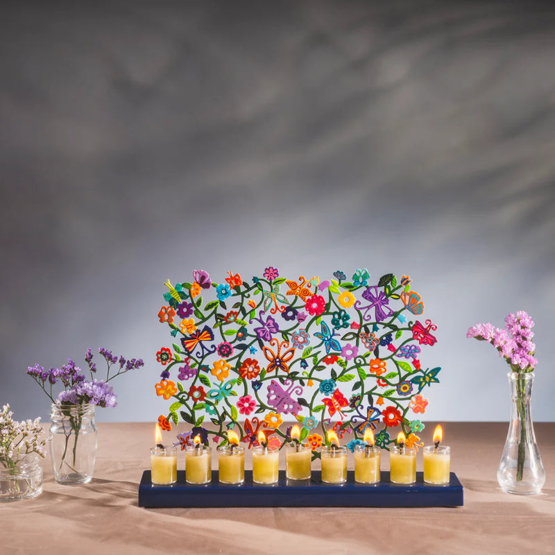 Chanukkah Menorah  Colorful Laser Cut Floral Design & Butterflies By Emanuel