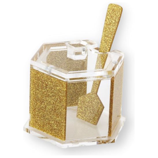 Golden Sand Lucite Hexagon Honey Jar & Sparkling Golden Spoon