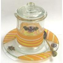 Painted Glass Honey Dish & Apple Tray (Spoon included) - Made in Israel by Lily ART