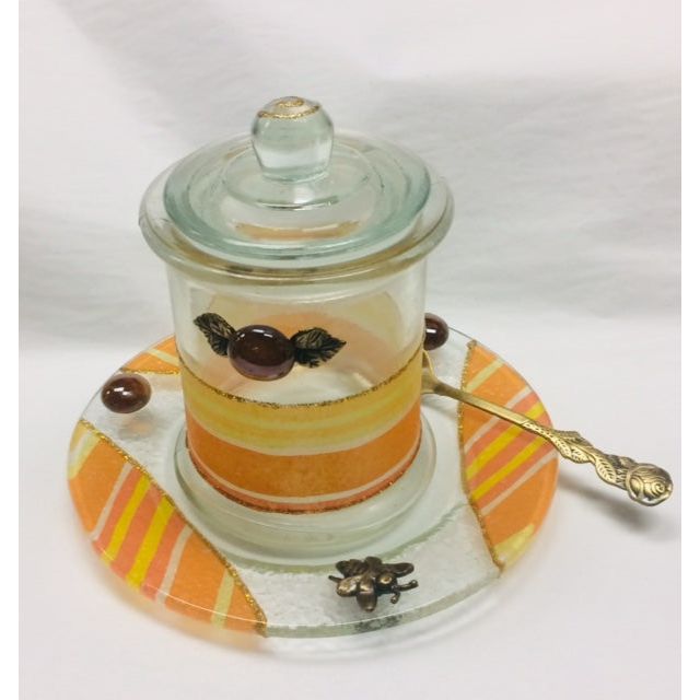 Painted Glass Honey Dish & Apple Tray (Spoon included) - Made in Israel by Lily ART