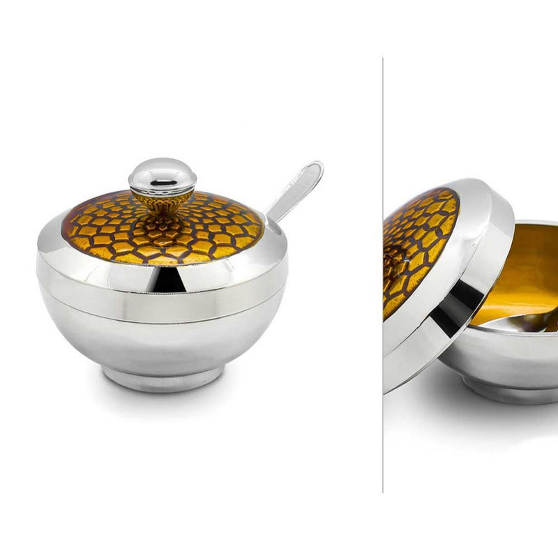 Gold Plated Nickel Beehive Honey Dish & Spoon