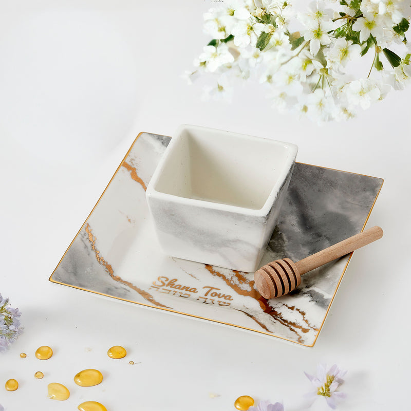 Marble Design Square Shaped Porcelain Apple & Honey Dish Set with Golden Accent