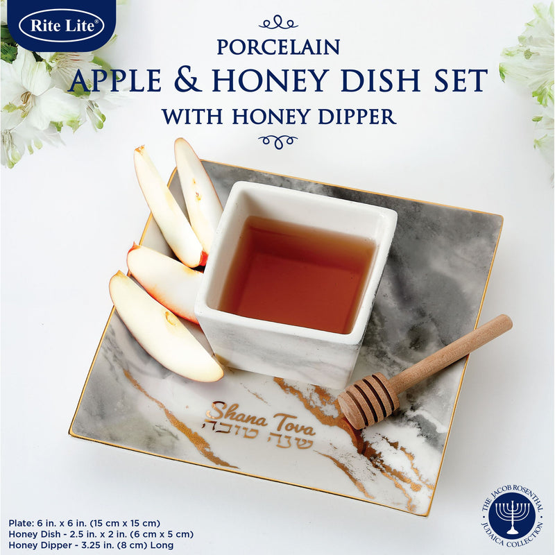 Marble Design Square Shaped Porcelain Apple & Honey Dish Set with Golden Accent