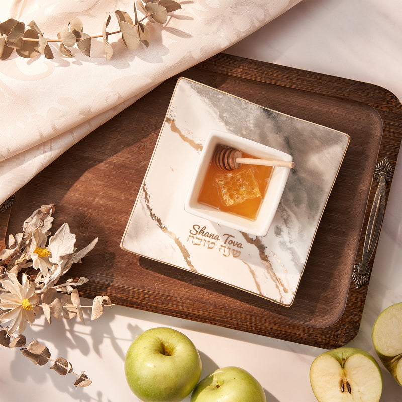 Marble Design Square Shaped Porcelain Apple & Honey Dish Set with Golden Accent