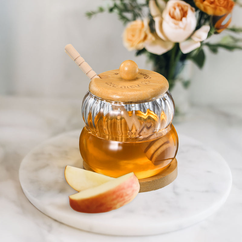 Shana Tova! Glass Honey Jar with Wood Lid & Stand and Honey Dipper