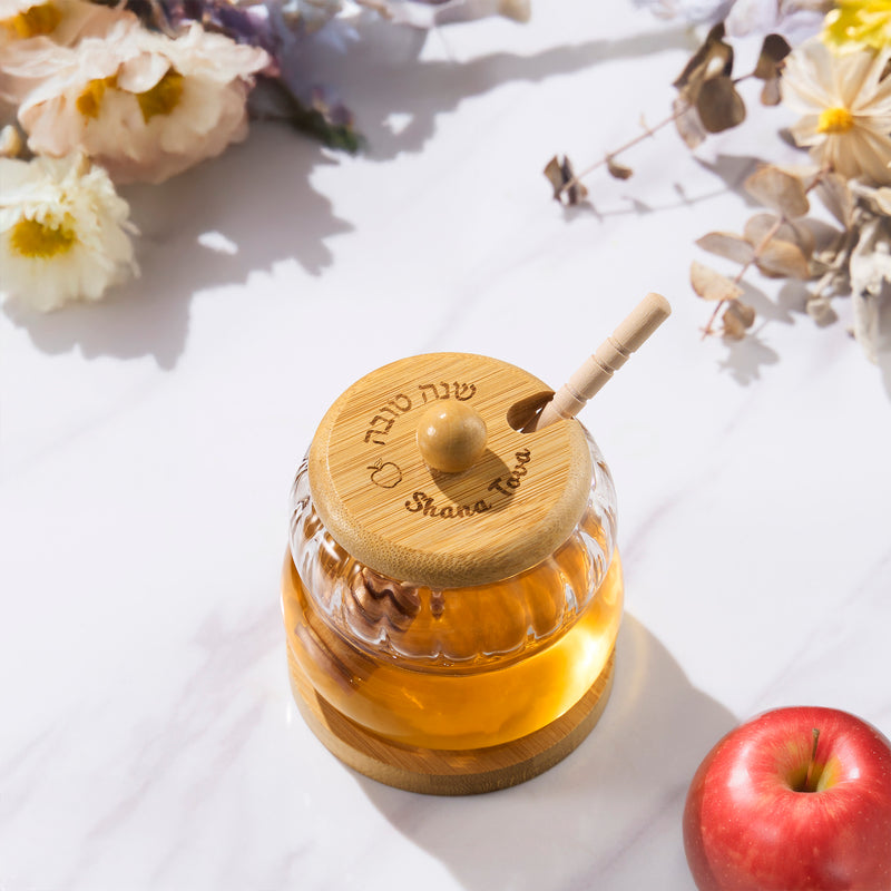 Shana Tova! Glass Honey Jar with Wood Lid & Stand and Honey Dipper