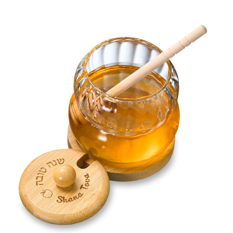 Shana Tova! Glass Honey Jar with Wood Lid & Stand and Honey Dipper