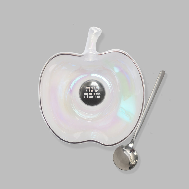 Apple Shaped iridescent Glass Honey Dish with Silver Accent With Spoon
