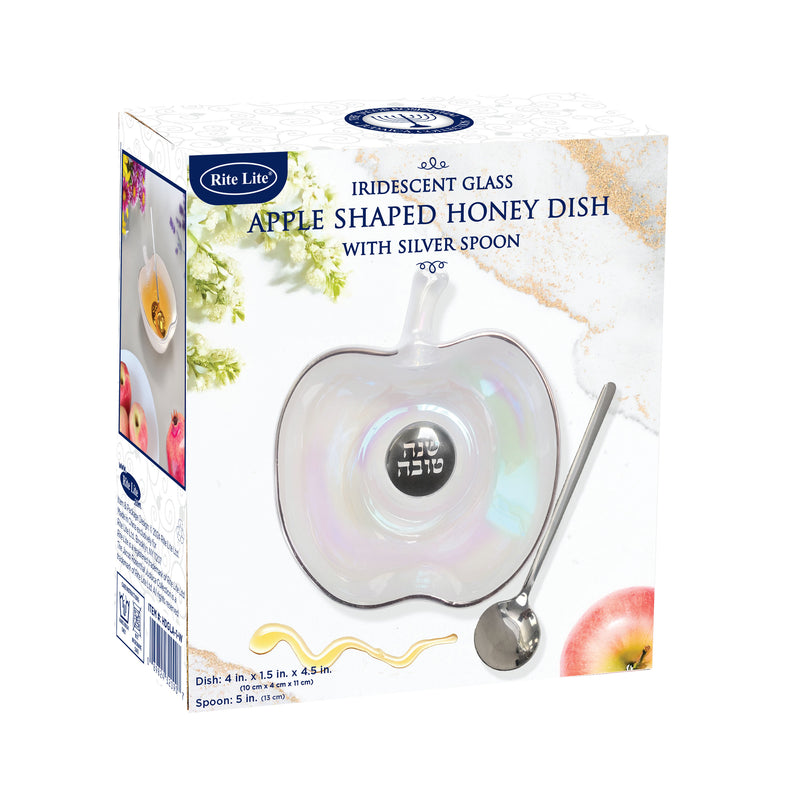 Apple Shaped iridescent Glass Honey Dish with Silver Accent With Spoon