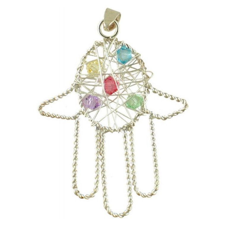Hamsa 925 Sterling Silver Wire Wrapped Multicolored Beads Necklace Pendant Chain Made in Israel