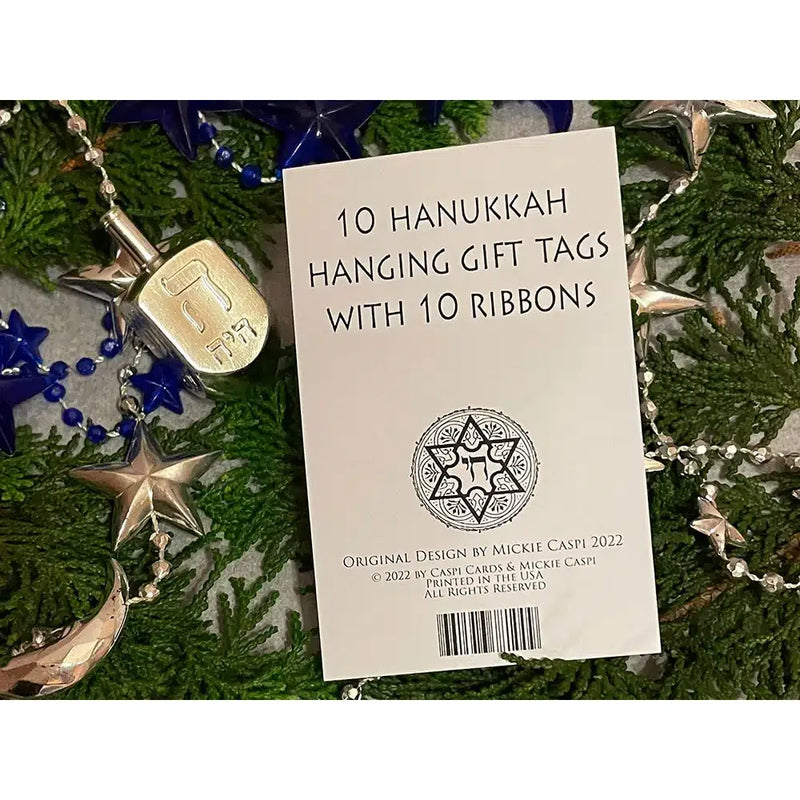 Chanukah Hanging Gift Tags ~ Set of 10 with Ribbons Dreidels & Gelt