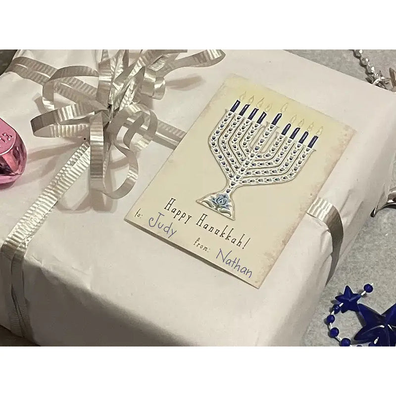Chanukah Gift Stickers ~ Set of 10 Peel and Stick to-from Labels Blue Menorah By Mickie Caspi