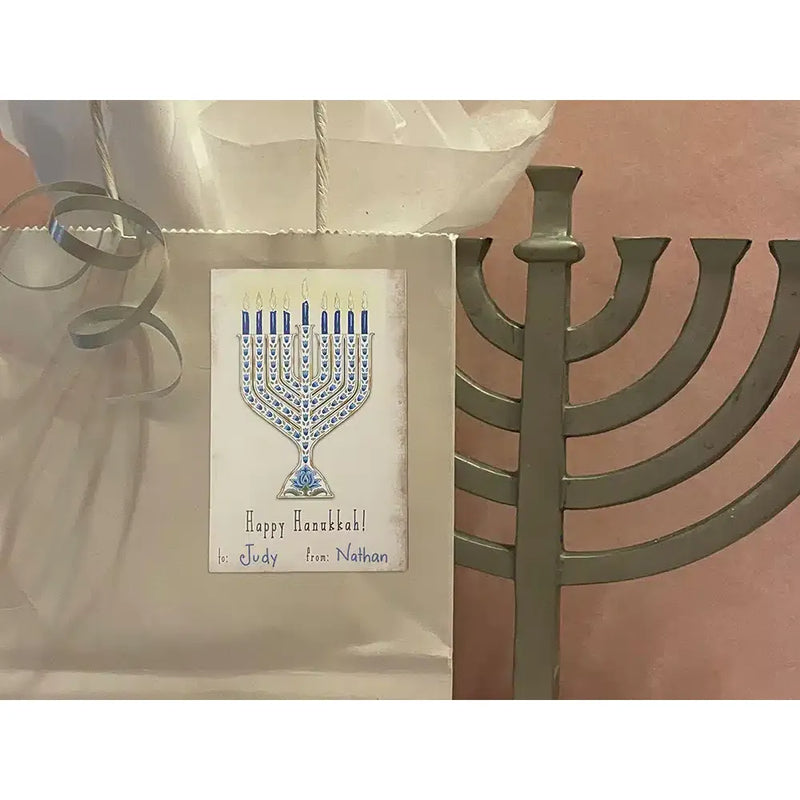 Chanukah Gift Stickers ~ Set of 10 Peel and Stick to-from Labels Blue Menorah By Mickie Caspi