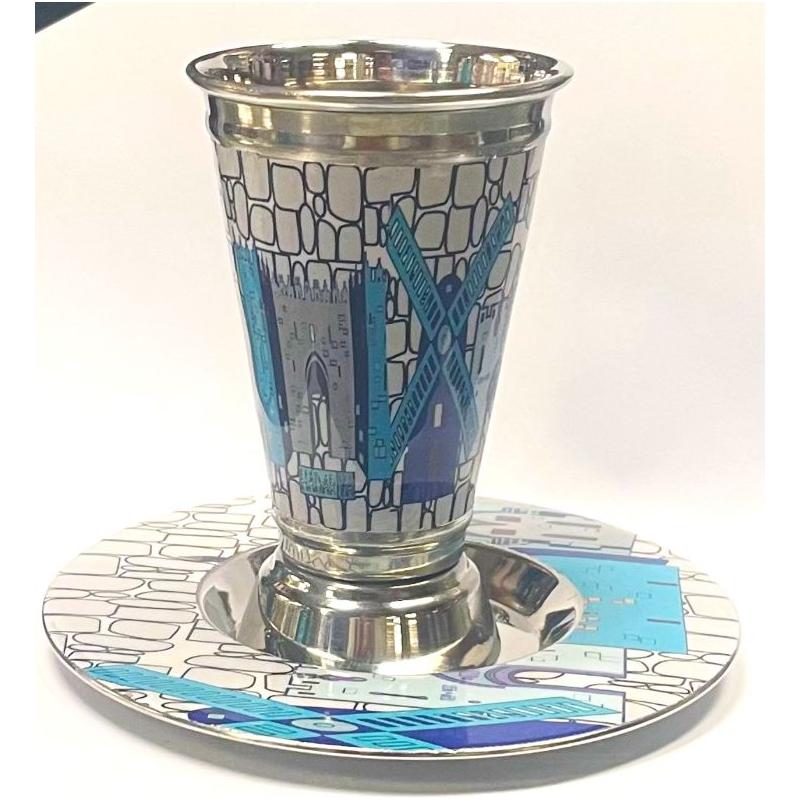 Jerusalem Scenes in Blue Kiddush Cup with Saucer Original Art by Hadarya