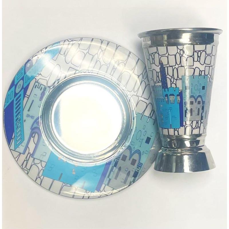 Jerusalem Scenes in Blue Kiddush Cup with Saucer Original Art by Hadarya