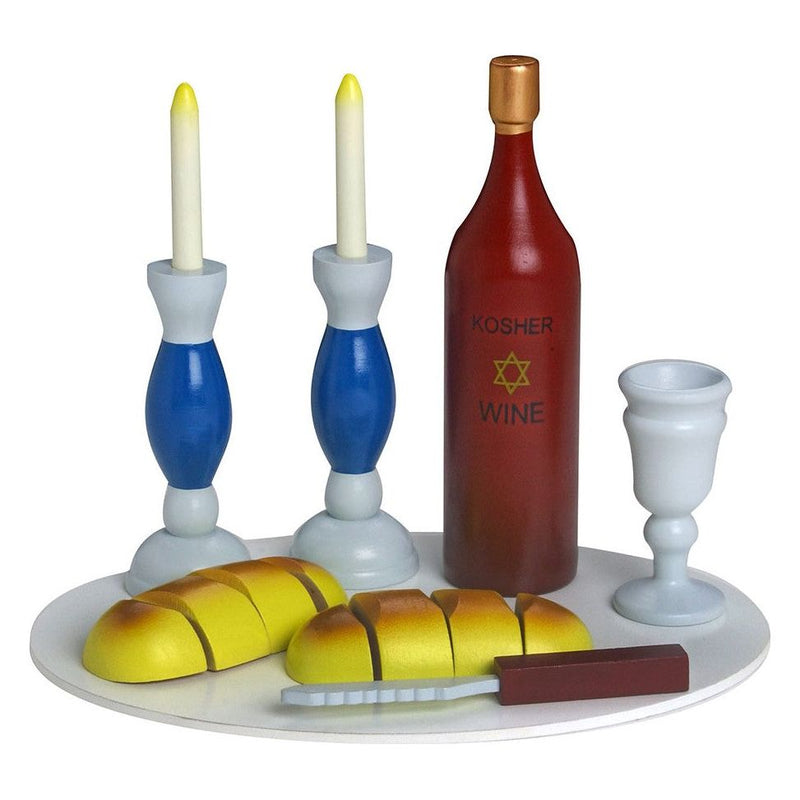 Child's Colorful Toy Wooden Shabbat Play Set: Candlesticks, Kiddush set, Challahs, Tray & Knife