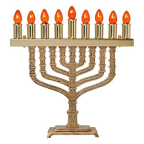 Electric Solid Brass Traditional Menorah with Red Bulbs Made in Israel