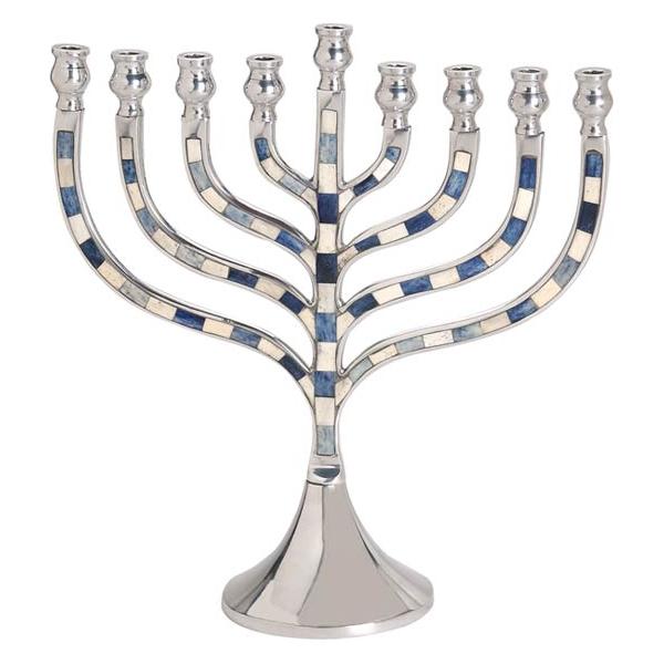 Grand Menorah Aluminum White Blue Inlay  13" tall Made in India