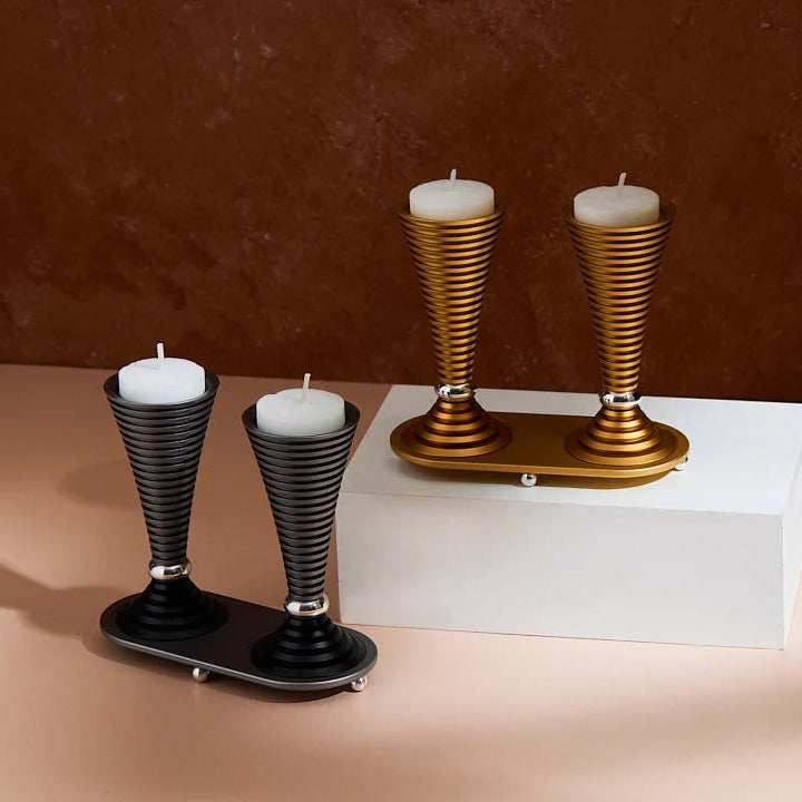 Anodized Aluminum Round Shabbat Candlesticks Grooved Design in Gold Made by Benjamin Akilov, Israel